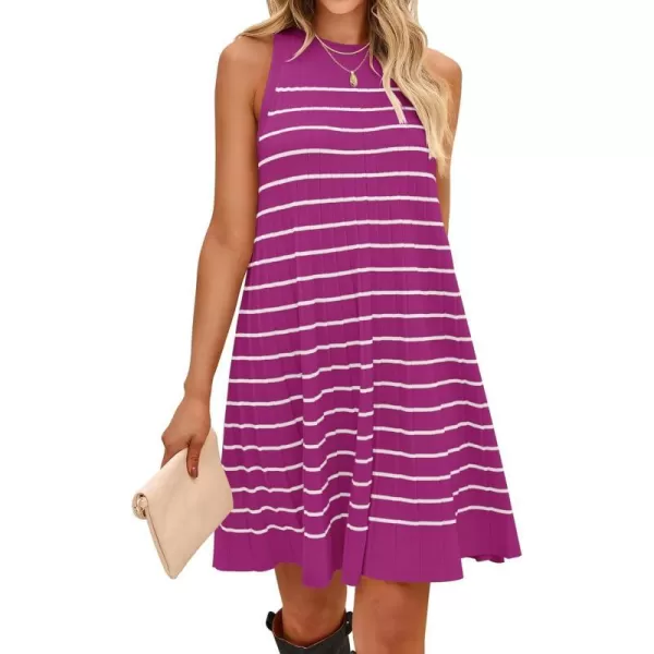 imageZESICA Womens 2024 Summer Sleeveless Tank Dress Crewneck Striped Knit Pleated A Line Casual Short Mini DressesEggplant
