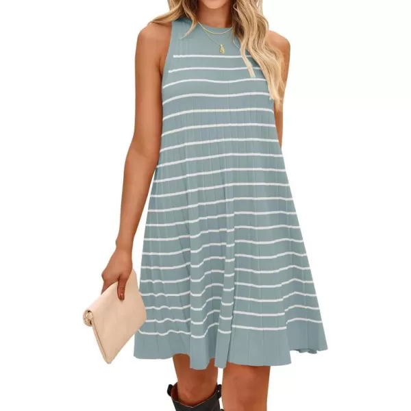 imageZESICA Womens 2024 Summer Sleeveless Tank Dress Crewneck Striped Knit Pleated A Line Casual Short Mini DressesGreen