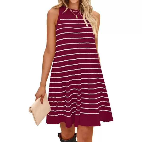 imageZESICA Womens 2024 Summer Sleeveless Tank Dress Crewneck Striped Knit Pleated A Line Casual Short Mini DressesRed