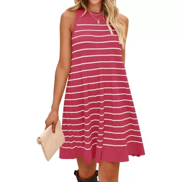 imageZESICA Womens 2024 Summer Sleeveless Tank Dress Crewneck Striped Knit Pleated A Line Casual Short Mini DressesWatermenlonred