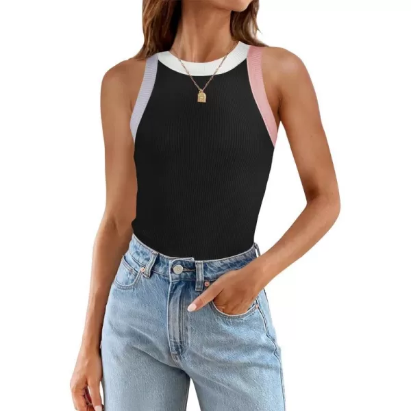 imageZESICA Womens 2024 Summer Sleeveless Tank Tops Ribbed High Neck Racerback Slim Fitted Color Block Casual ShirtsBlack