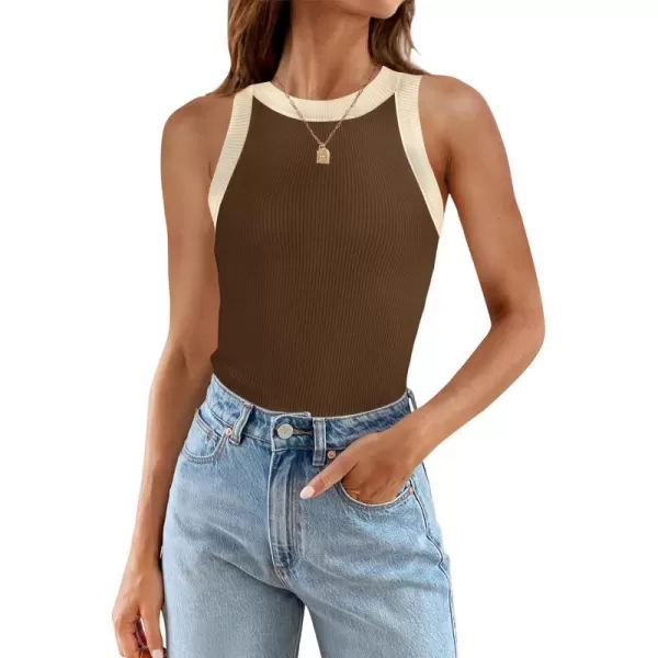 imageZESICA Womens 2024 Summer Sleeveless Tank Tops Ribbed High Neck Racerback Slim Fitted Color Block Casual ShirtsBrown