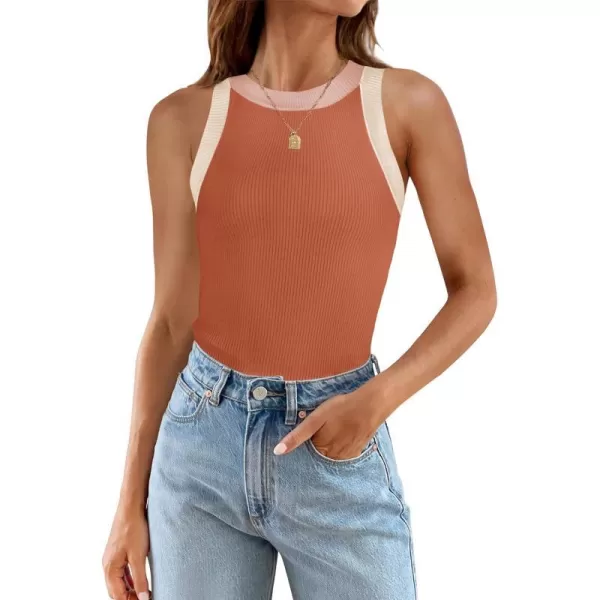 imageZESICA Womens 2024 Summer Sleeveless Tank Tops Ribbed High Neck Racerback Slim Fitted Color Block Casual ShirtsCoral