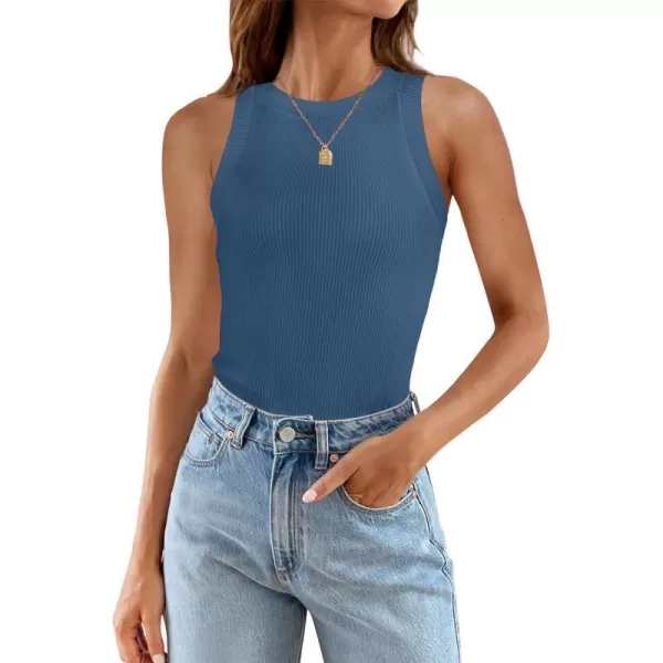 imageZESICA Womens 2024 Summer Sleeveless Tank Tops Ribbed High Neck Racerback Slim Fitted Color Block Casual ShirtsDarkblue