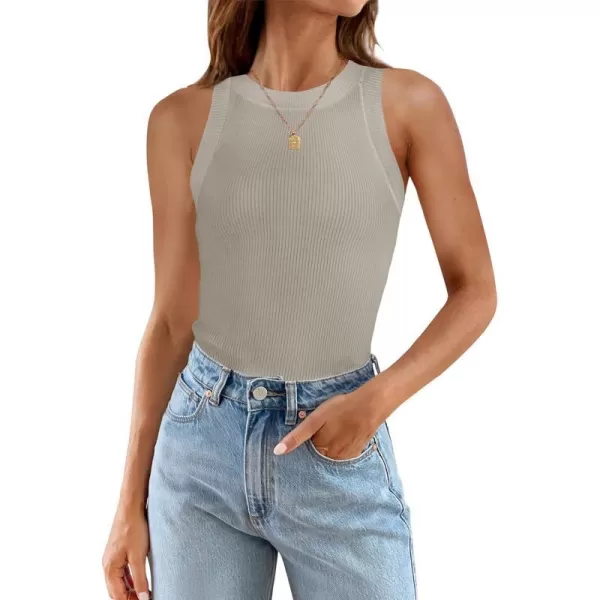 imageZESICA Womens 2024 Summer Sleeveless Tank Tops Ribbed High Neck Racerback Slim Fitted Color Block Casual ShirtsFlaxen