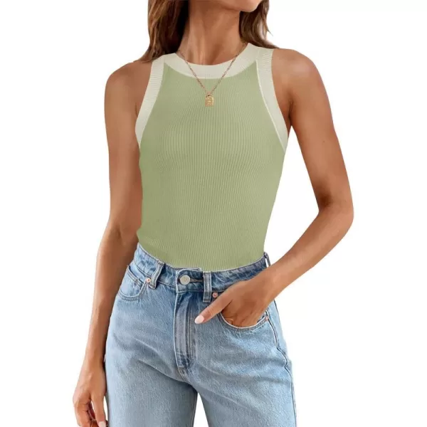 imageZESICA Womens 2024 Summer Sleeveless Tank Tops Ribbed High Neck Racerback Slim Fitted Color Block Casual ShirtsGreen