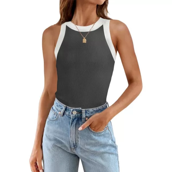 imageZESICA Womens 2024 Summer Sleeveless Tank Tops Ribbed High Neck Racerback Slim Fitted Color Block Casual ShirtsGrey
