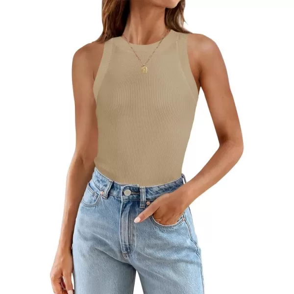 imageZESICA Womens 2024 Summer Sleeveless Tank Tops Ribbed High Neck Racerback Slim Fitted Color Block Casual ShirtsKhaki
