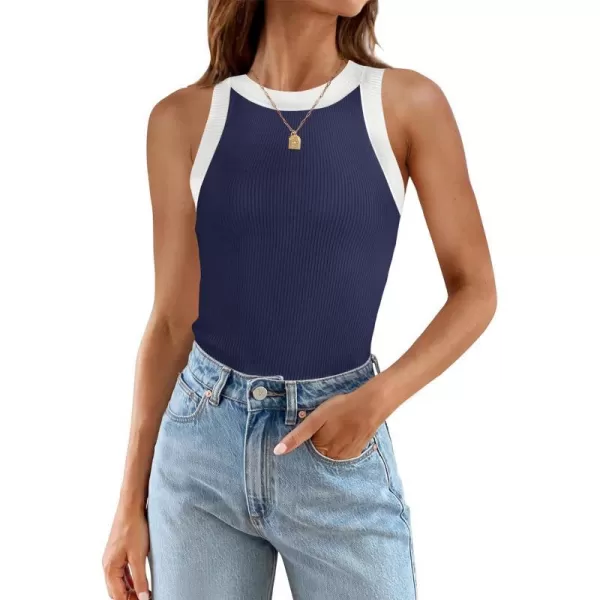 imageZESICA Womens 2024 Summer Sleeveless Tank Tops Ribbed High Neck Racerback Slim Fitted Color Block Casual ShirtsNavy
