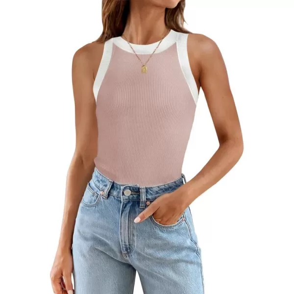 imageZESICA Womens 2024 Summer Sleeveless Tank Tops Ribbed High Neck Racerback Slim Fitted Color Block Casual ShirtsPink