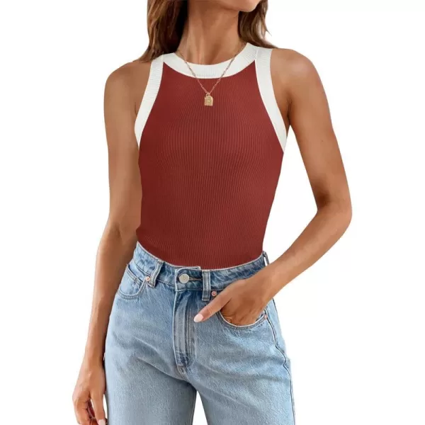 imageZESICA Womens 2024 Summer Sleeveless Tank Tops Ribbed High Neck Racerback Slim Fitted Color Block Casual ShirtsRed