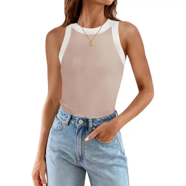 imageZESICA Womens 2024 Summer Sleeveless Tank Tops Ribbed High Neck Racerback Slim Fitted Color Block Casual ShirtsSand