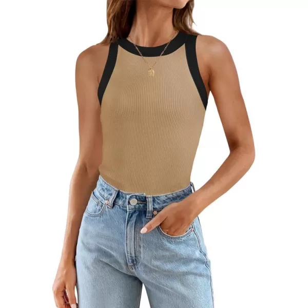 imageZESICA Womens 2024 Summer Sleeveless Tank Tops Ribbed High Neck Racerback Slim Fitted Color Block Casual ShirtsToffee