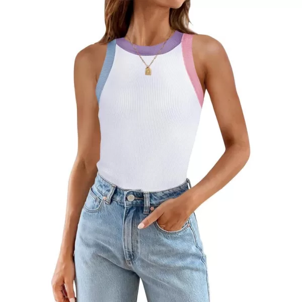 imageZESICA Womens 2024 Summer Sleeveless Tank Tops Ribbed High Neck Racerback Slim Fitted Color Block Casual ShirtsWhite