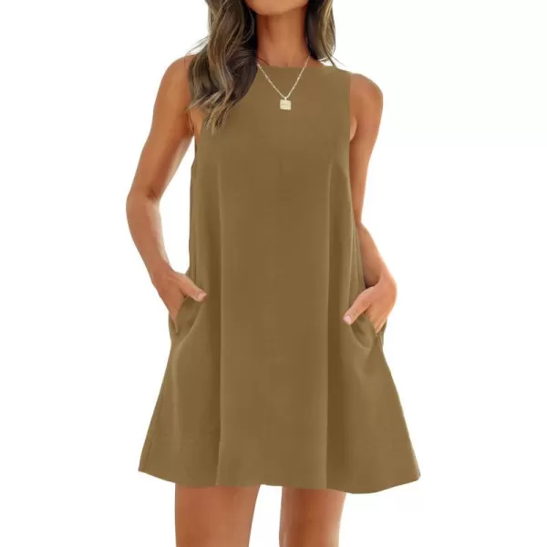 imageZESICA Womens 2024 Summer Sleeveless Tunic Mini Dress Casual Crew Neck Backless Sundress Loose Flowy Short Tank DressesCoffee