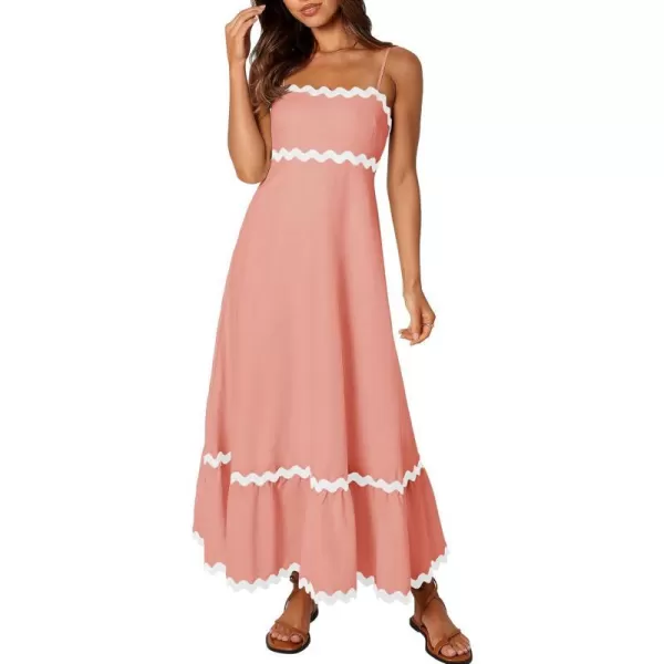 imageZESICA Womens 2024 Summer Spaghetti Straps Sleeveless Backless Sundress Flowy Smocked Lace Swing A Line Midi DressCoral Pink