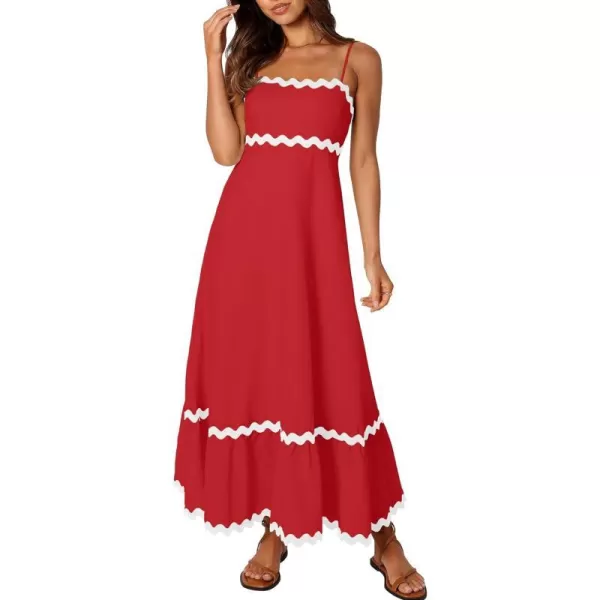 imageZESICA Womens 2024 Summer Spaghetti Straps Sleeveless Backless Sundress Flowy Smocked Lace Swing A Line Midi DressRed