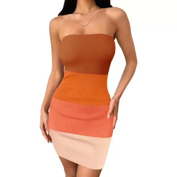 imageZESICA Womens 2024 Summer Strapless Bodycon Dress Sexy Off Shoulder Backless Color Block Y2k Tube Top Mini DressesOrange