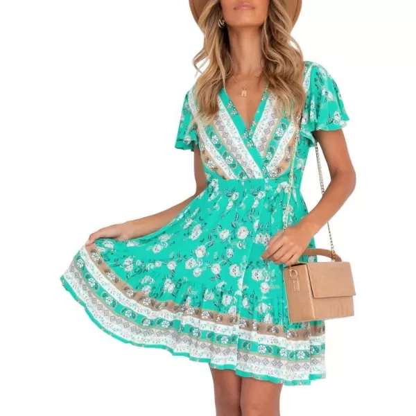 imageZESICA Womens 2024 Summer Wrap V Neck Bohemian Floral Print Ruffle Swing A Line Beach Mini DressAqua