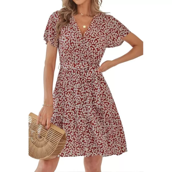imageZESICA Womens 2024 Summer Wrap V Neck Bohemian Floral Print Ruffle Swing A Line Beach Mini DressBrickred