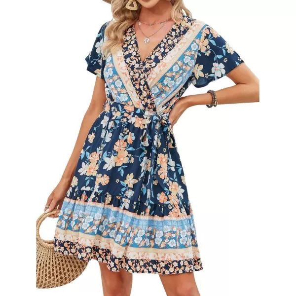 imageZESICA Womens 2024 Summer Wrap V Neck Bohemian Floral Print Ruffle Swing A Line Beach Mini DressDarkblue