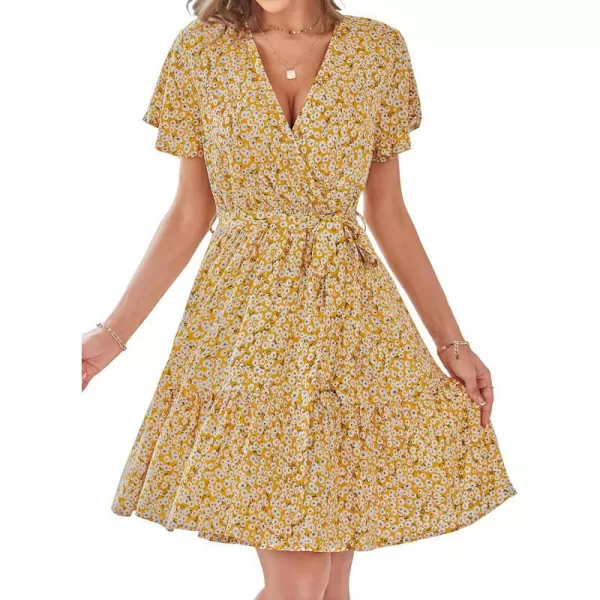 imageZESICA Womens 2024 Summer Wrap V Neck Bohemian Floral Print Ruffle Swing A Line Beach Mini DressGinger