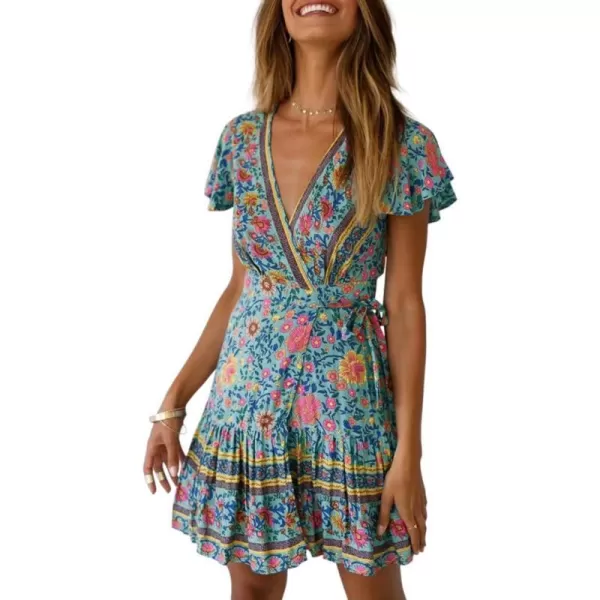 imageZESICA Womens 2024 Summer Wrap V Neck Bohemian Floral Print Ruffle Swing A Line Beach Mini DressGreen