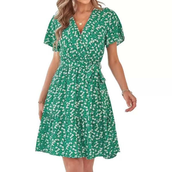 imageZESICA Womens 2024 Summer Wrap V Neck Bohemian Floral Print Ruffle Swing A Line Beach Mini DressHollygreen