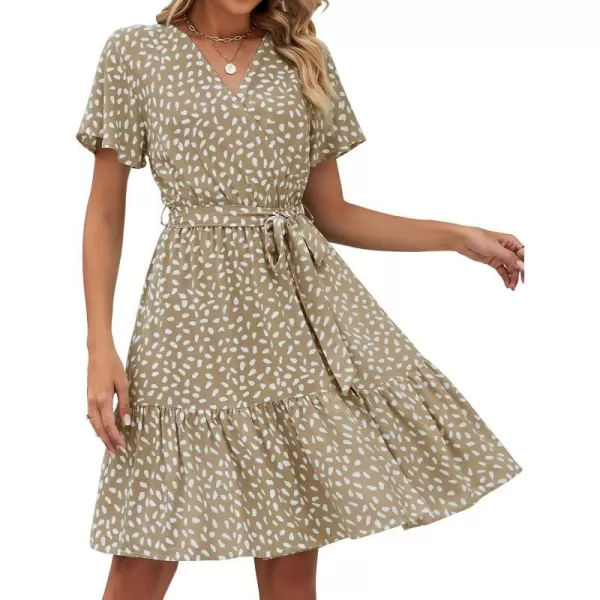 imageZESICA Womens 2024 Summer Wrap V Neck Bohemian Floral Print Ruffle Swing A Line Beach Mini DressKhaki