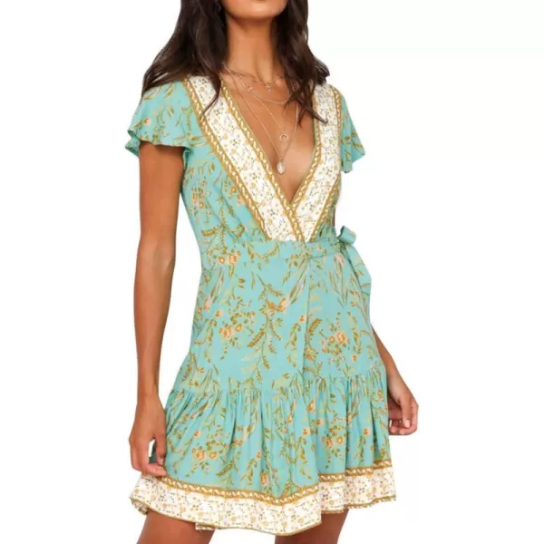 imageZESICA Womens 2024 Summer Wrap V Neck Bohemian Floral Print Ruffle Swing A Line Beach Mini DressMint
