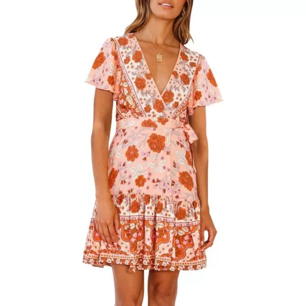 imageZESICA Womens 2024 Summer Wrap V Neck Bohemian Floral Print Ruffle Swing A Line Beach Mini DressPeach