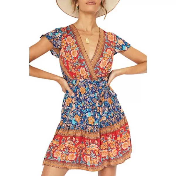 imageZESICA Womens 2024 Summer Wrap V Neck Bohemian Floral Print Ruffle Swing A Line Beach Mini DressRoyal Blue