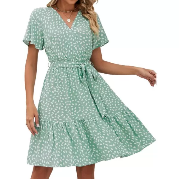 imageZESICA Womens 2024 Summer Wrap V Neck Bohemian Floral Print Ruffle Swing A Line Beach Mini DressSage