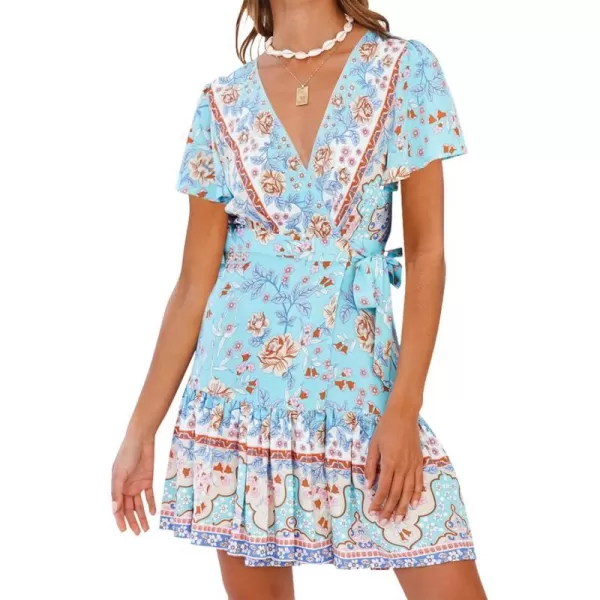imageZESICA Womens 2024 Summer Wrap V Neck Bohemian Floral Print Ruffle Swing A Line Beach Mini DressSkyblue