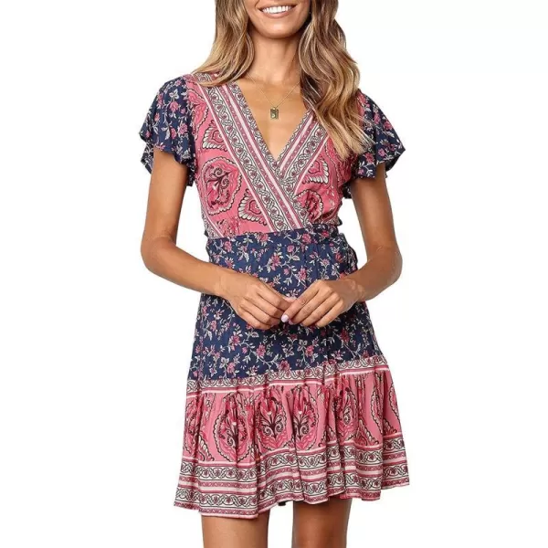 imageZESICA Womens 2024 Summer Wrap V Neck Bohemian Floral Print Ruffle Swing A Line Beach Mini DressTwilightblue