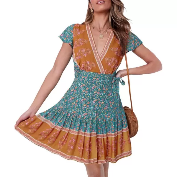 imageZESICA Womens 2024 Summer Wrap V Neck Bohemian Floral Print Ruffle Swing A Line Beach Mini DressVintagegreen