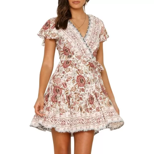 imageZESICA Womens 2024 Summer Wrap V Neck Bohemian Floral Print Ruffle Swing A Line Beach Mini DressWhite