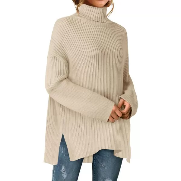 imageZESICA Womens 2024 Winter Sweaters High Neck Long Sleeve Chunky Knit Oversized Side Slit Pullover Sweater Jumper TopsApricot