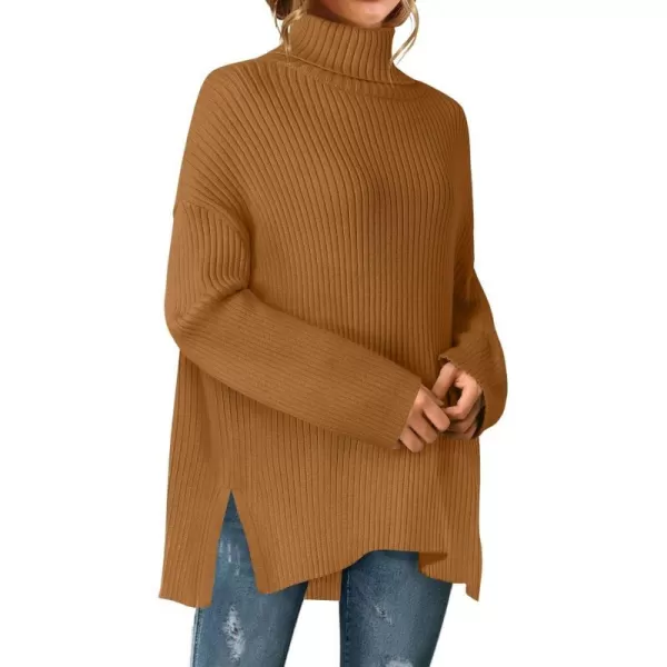 imageZESICA Womens 2024 Winter Sweaters High Neck Long Sleeve Chunky Knit Oversized Side Slit Pullover Sweater Jumper TopsCamel