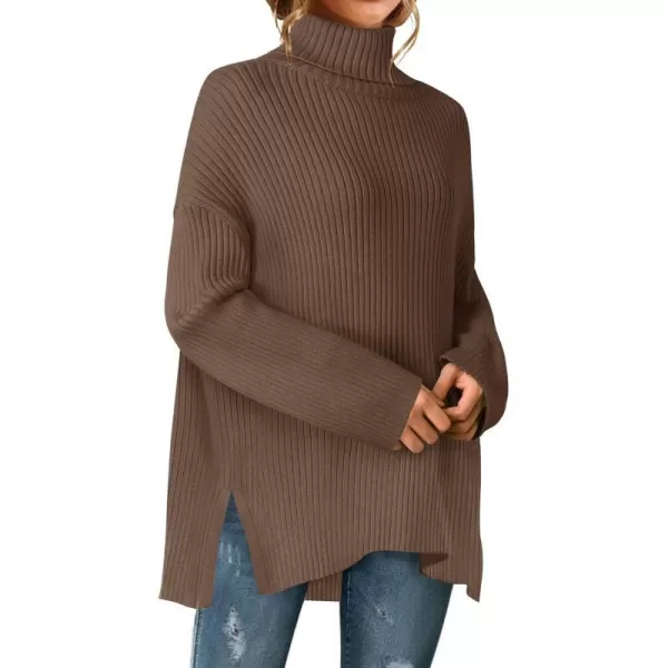 imageZESICA Womens 2024 Winter Sweaters High Neck Long Sleeve Chunky Knit Oversized Side Slit Pullover Sweater Jumper TopsCoffee