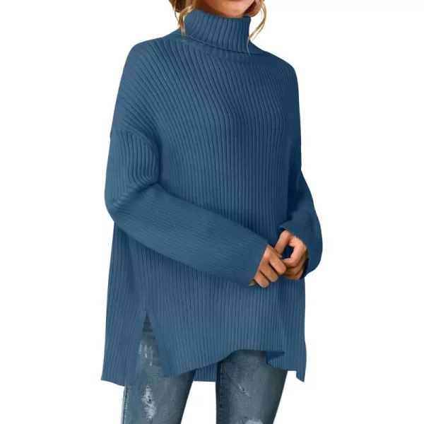 imageZESICA Womens 2024 Winter Sweaters High Neck Long Sleeve Chunky Knit Oversized Side Slit Pullover Sweater Jumper TopsDarkblue