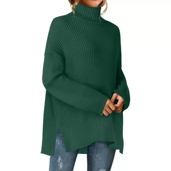 imageZESICA Womens 2024 Winter Sweaters High Neck Long Sleeve Chunky Knit Oversized Side Slit Pullover Sweater Jumper TopsDarkgreen