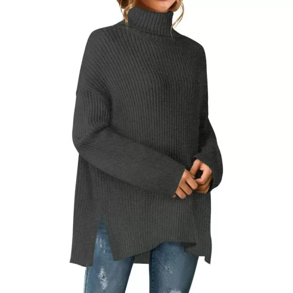 imageZESICA Womens 2024 Winter Sweaters High Neck Long Sleeve Chunky Knit Oversized Side Slit Pullover Sweater Jumper TopsDarkgrey