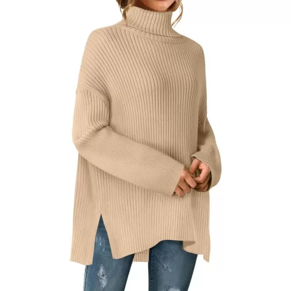 imageZESICA Womens 2024 Winter Sweaters High Neck Long Sleeve Chunky Knit Oversized Side Slit Pullover Sweater Jumper TopsKhaki