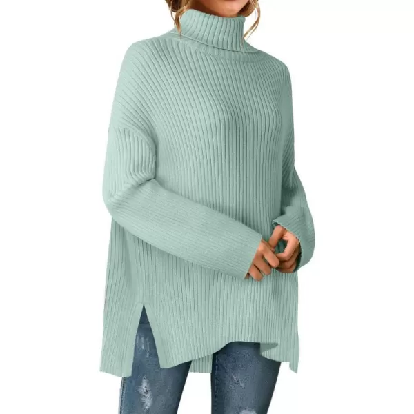 imageZESICA Womens 2024 Winter Sweaters High Neck Long Sleeve Chunky Knit Oversized Side Slit Pullover Sweater Jumper TopsMint