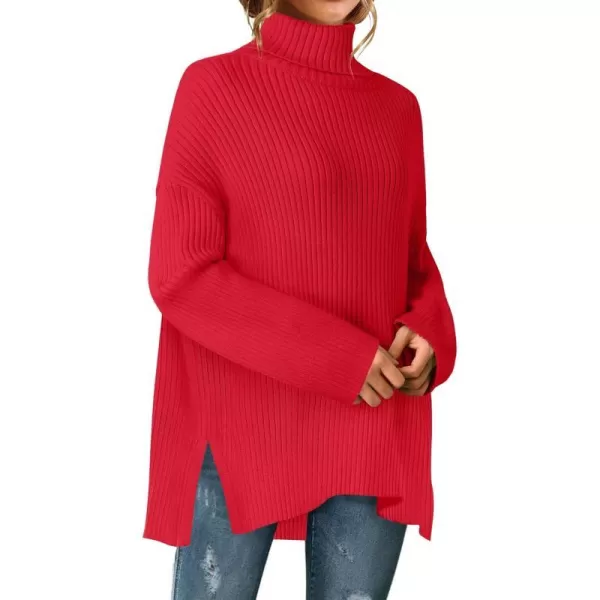 imageZESICA Womens 2024 Winter Sweaters High Neck Long Sleeve Chunky Knit Oversized Side Slit Pullover Sweater Jumper TopsRed