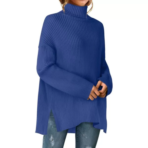 imageZESICA Womens 2024 Winter Sweaters High Neck Long Sleeve Chunky Knit Oversized Side Slit Pullover Sweater Jumper TopsRoyalblue