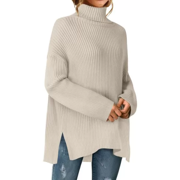 imageZESICA Womens 2024 Winter Sweaters High Neck Long Sleeve Chunky Knit Oversized Side Slit Pullover Sweater Jumper TopsStone