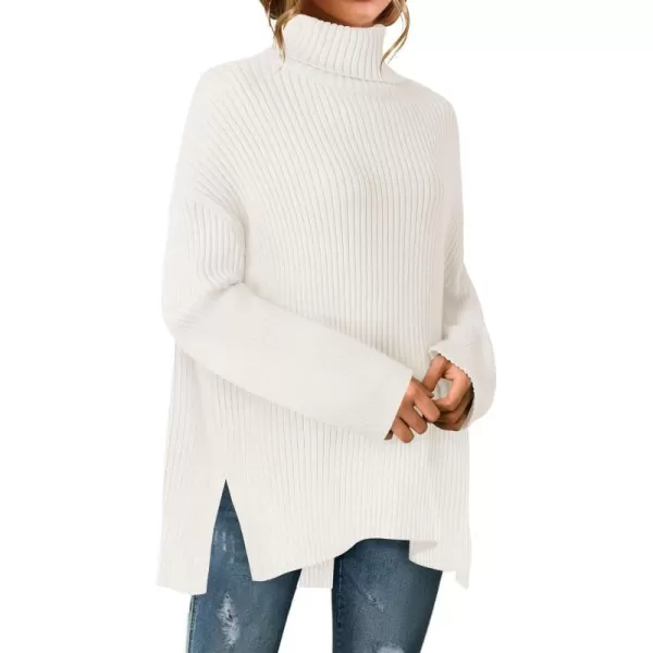 imageZESICA Womens 2024 Winter Sweaters High Neck Long Sleeve Chunky Knit Oversized Side Slit Pullover Sweater Jumper TopsWhite