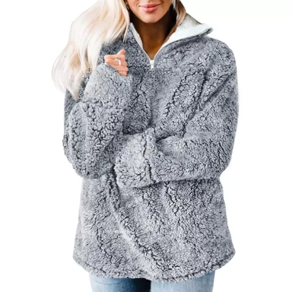 imageZESICA Womens Autumn Winter Long Sleeve Zipper Sherpa Fleece Sweatshirt Pullover Jacket CoatLight Grey